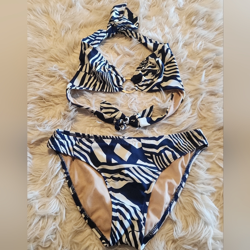 Aerin Rose Blue Zebra Print Bikini Set. Size Small